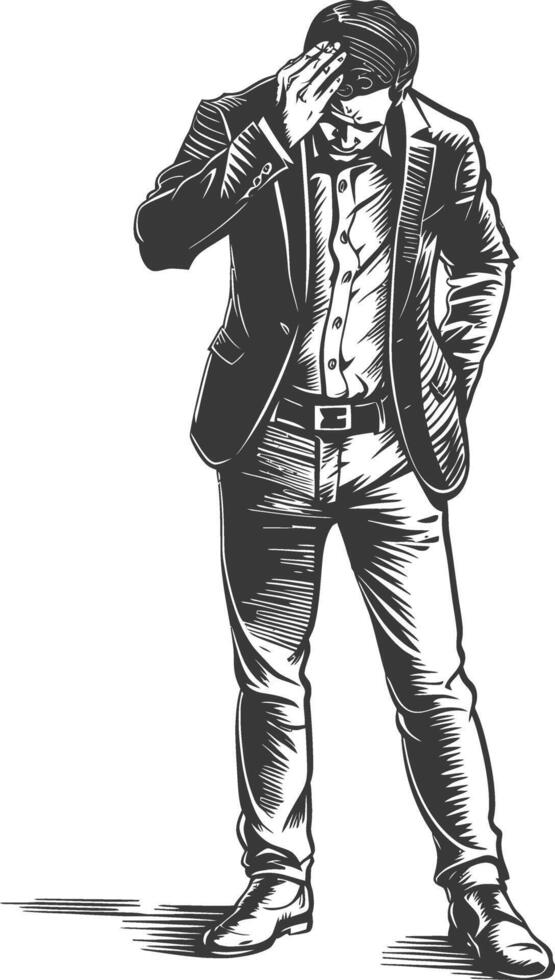 businessman holding headache in pain with engraving style black color only vector