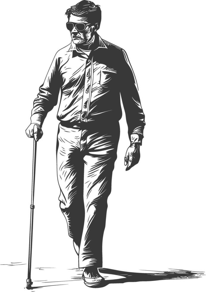 blind man walks with a cane with engraving style black color only vector