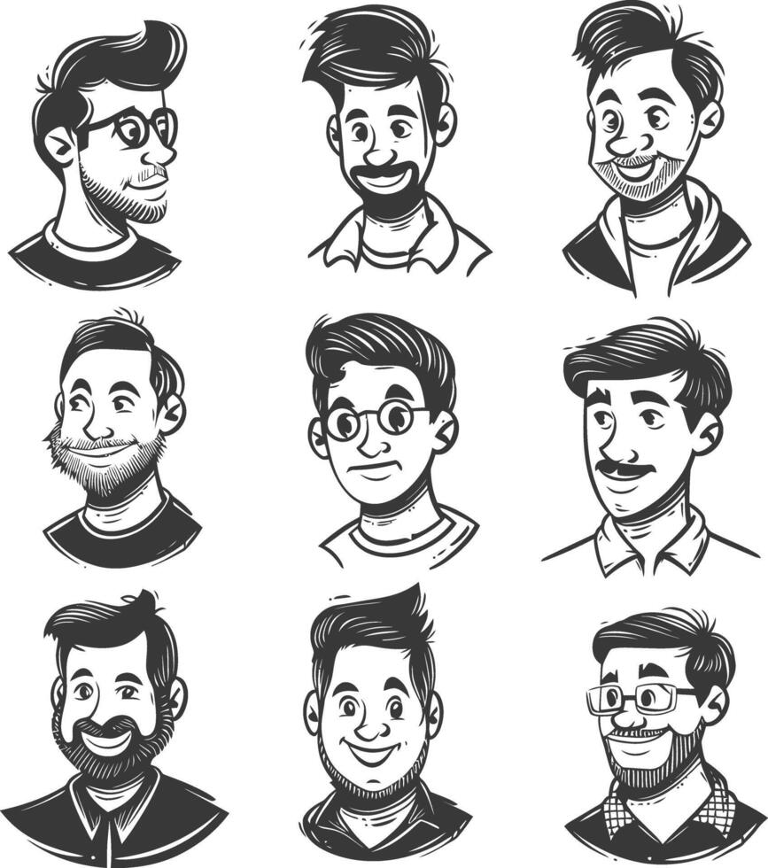 collection set hand drawn doodle cute man with engraving style black color only vector