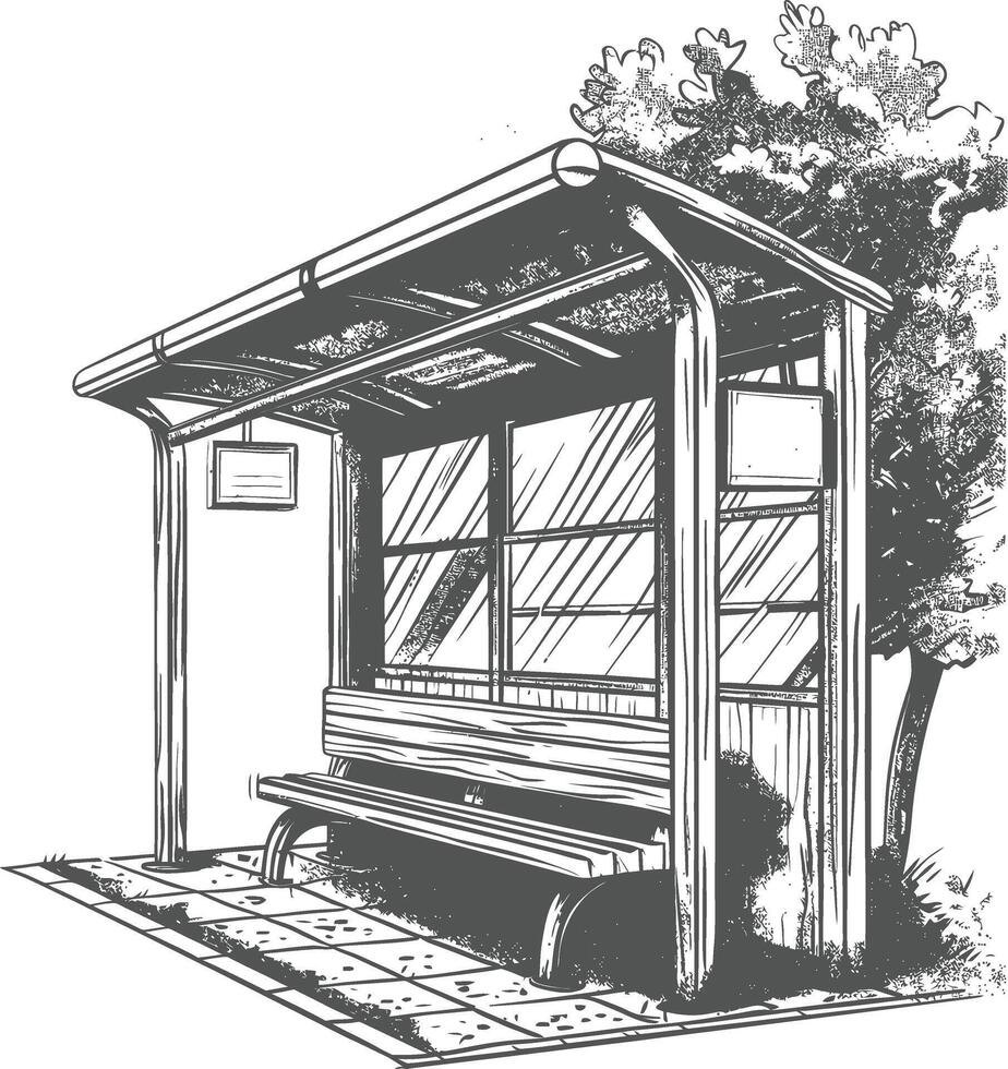 bus stop with engraving style black color only vector