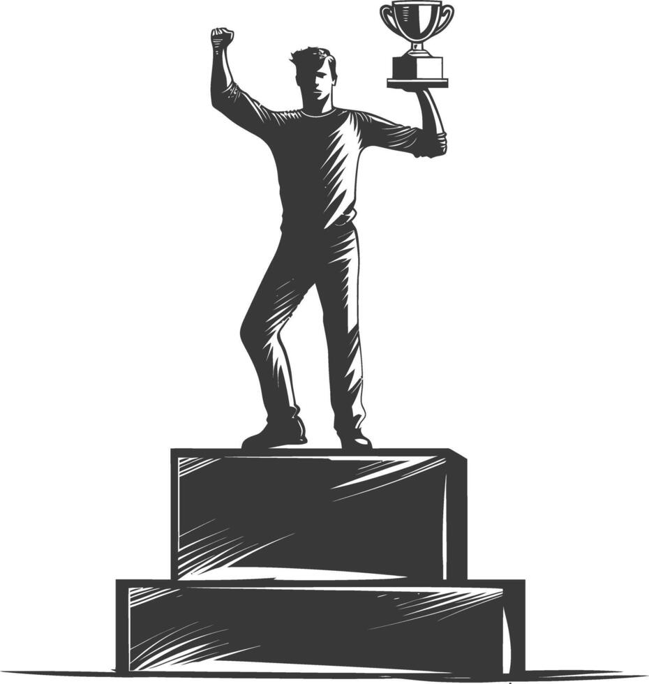 champion standing on a winner podium holding the trophy vector