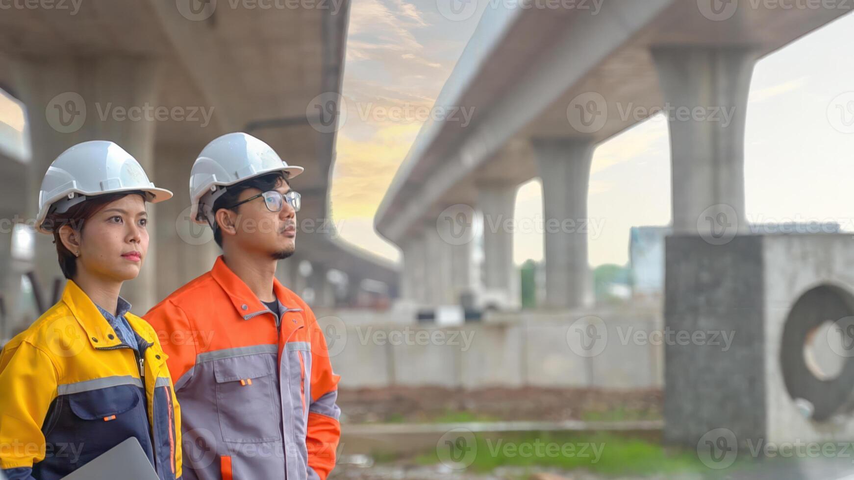 Team of Asian engineers inspecting concrete road construction, highway bridge, teamwork concept. photo