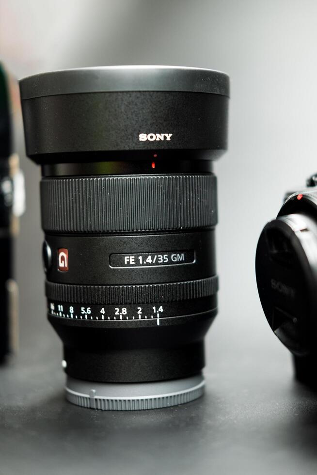 Bangkok, Thailand - June 16, 2024 Premium G Master Series wide-angle prime lens, SEL35F14GM, weight 524 g. photo