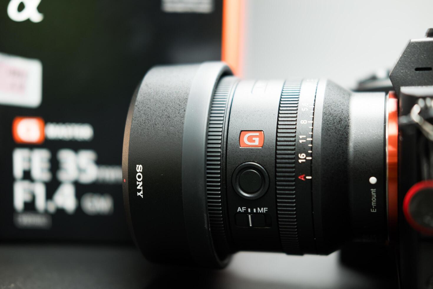 Bangkok, Thailand - June 16, 2024 Premium G Master Series wide-angle prime lens, SEL35F14GM, weight 524 g. photo