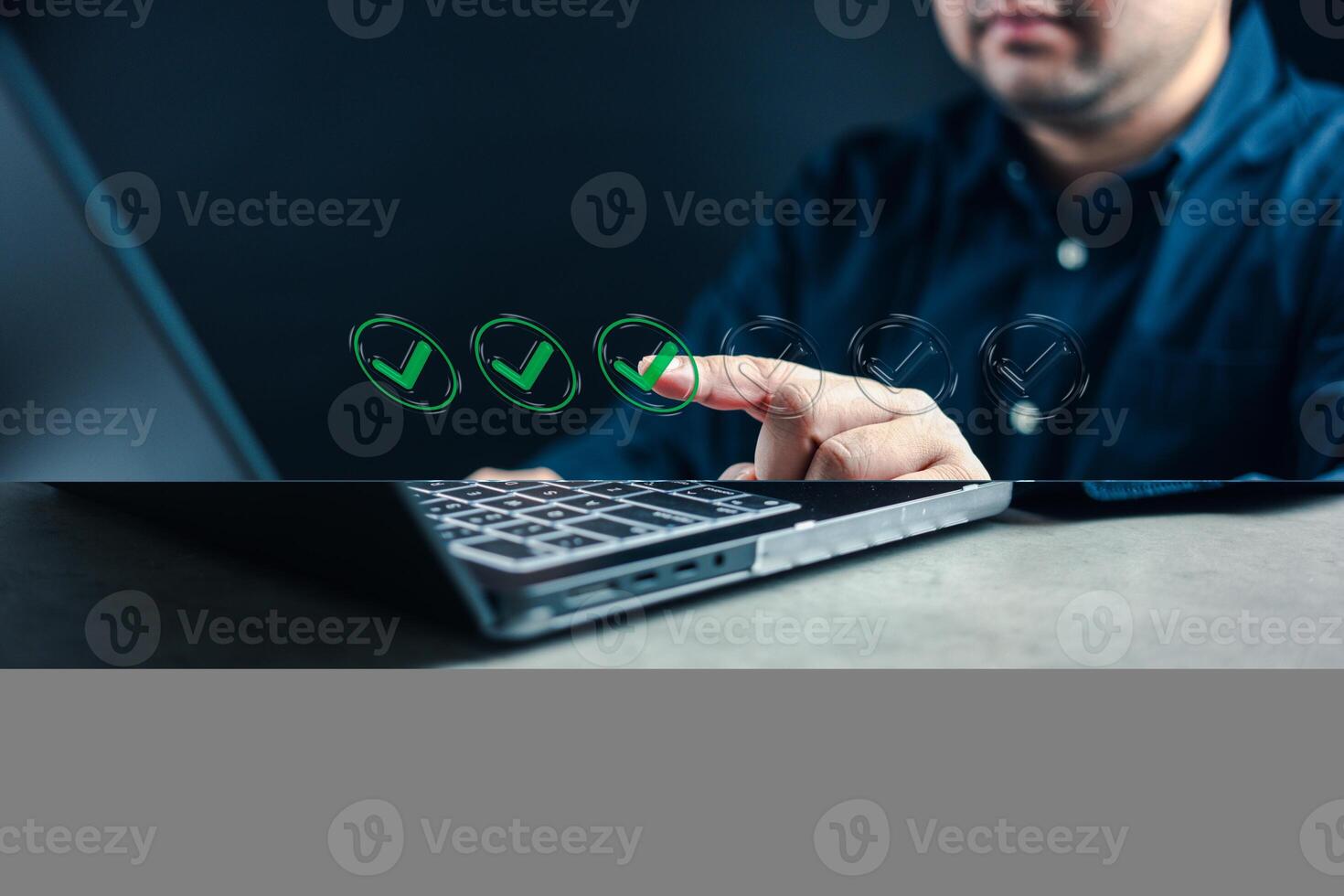 Business performance checklist concept, businessman using laptop doing online checklist process order. photo
