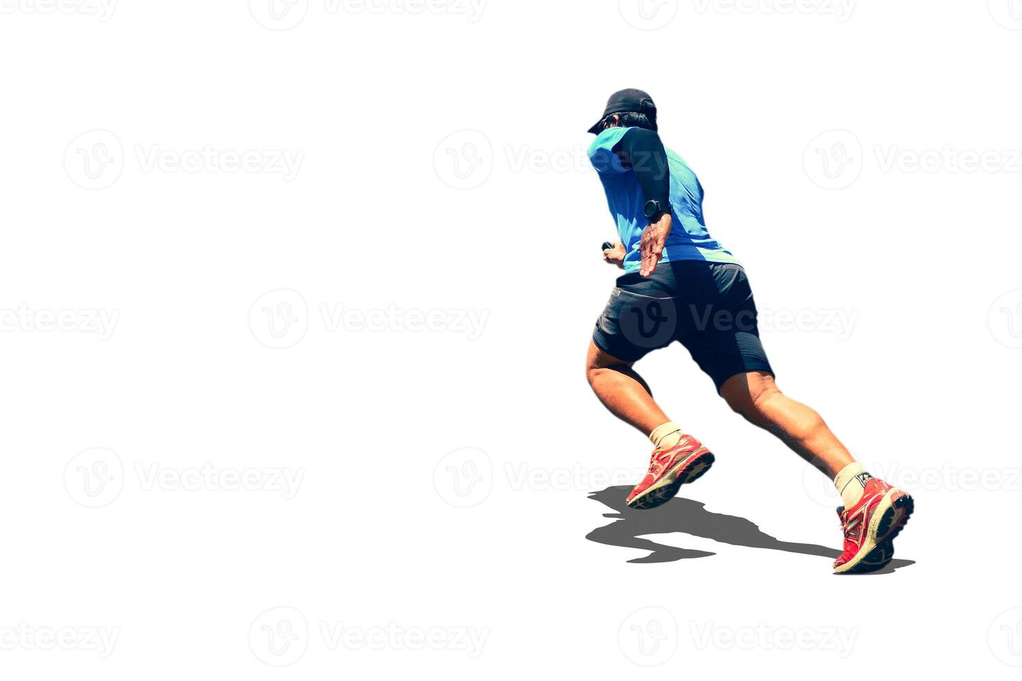 Dynamic Action Shot of a Runner in Athletic Gear on a White Background photo