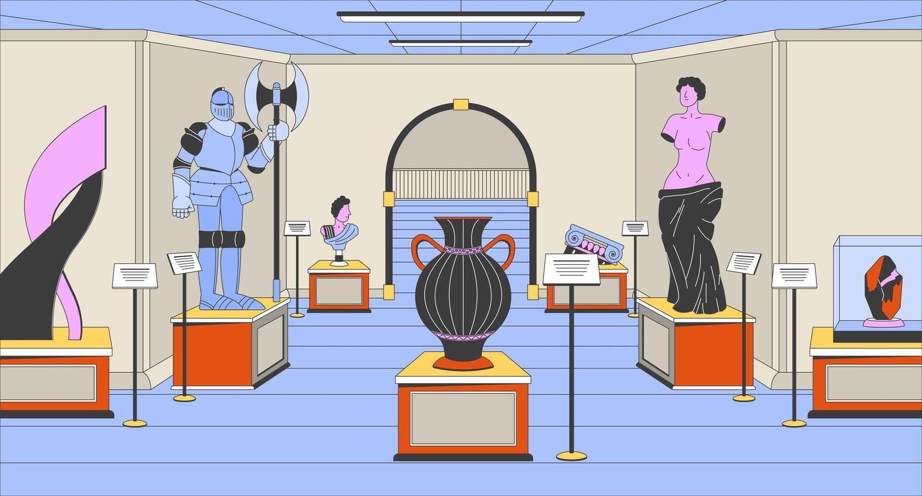 Historical museum cartoon flat illustration. Ancient statues, knight armor, amphora 2D line interior colorful background. Tourist attraction. Historic artifacts scene storytelling image vector