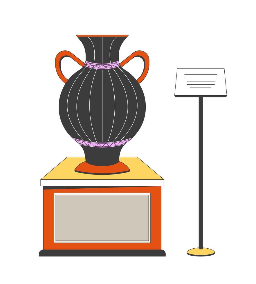 Greek amphora exhibit 2D linear cartoon object. Antique vase isolated line element white background. Classic earthenware. Ancient Greece culture museum exhibition color flat spot illustration vector