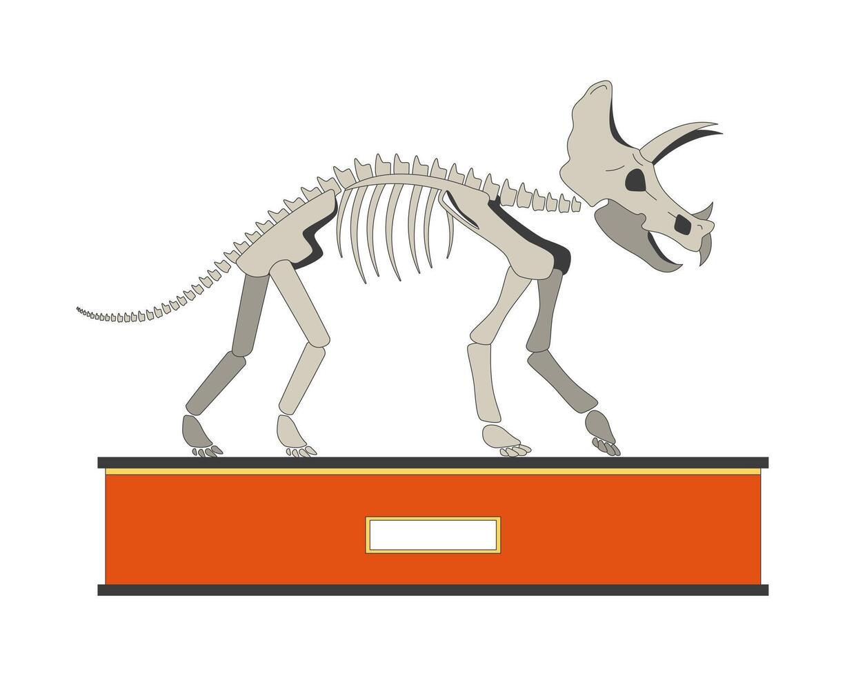 Triceratops exhibit 2D linear cartoon object. Dinosaur skeleton on display isolated line element white background. Fossil exhibition. Paleontology museum color flat spot illustration vector