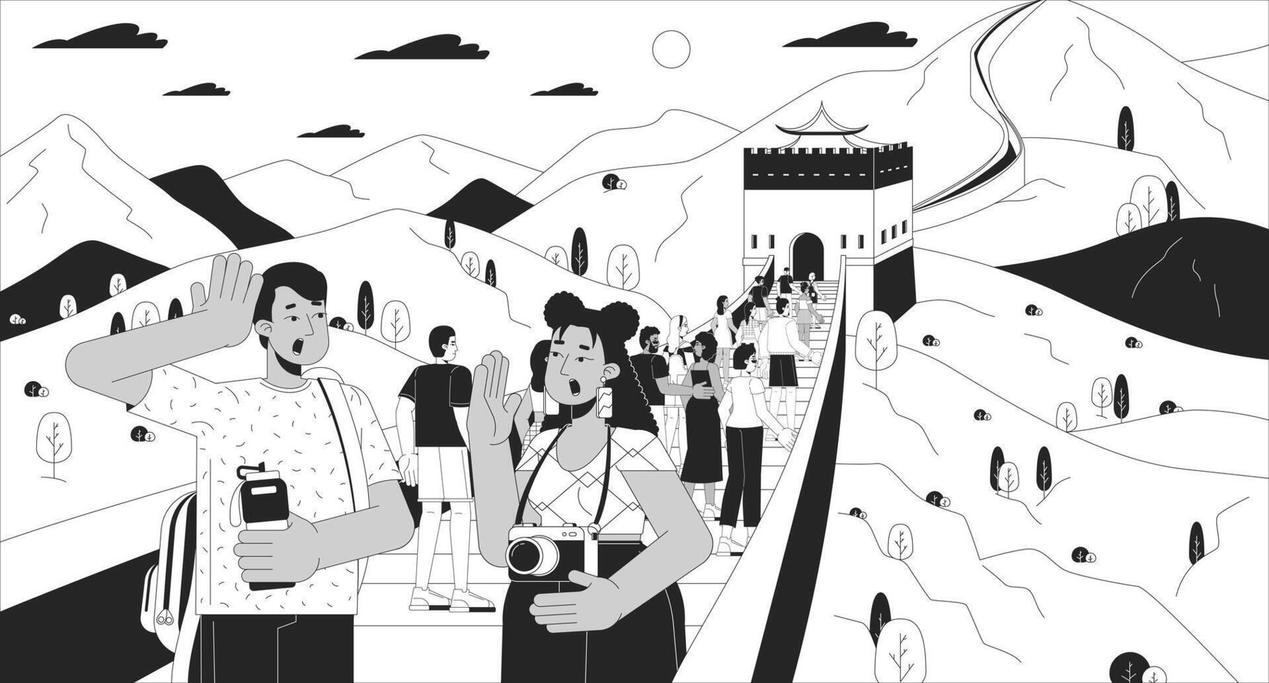 Tourists at Great Wall of China black and white line illustration. Multinational crowd on sightseeing tour 2D characters monochrome background. Visit famous attraction outline scene image vector