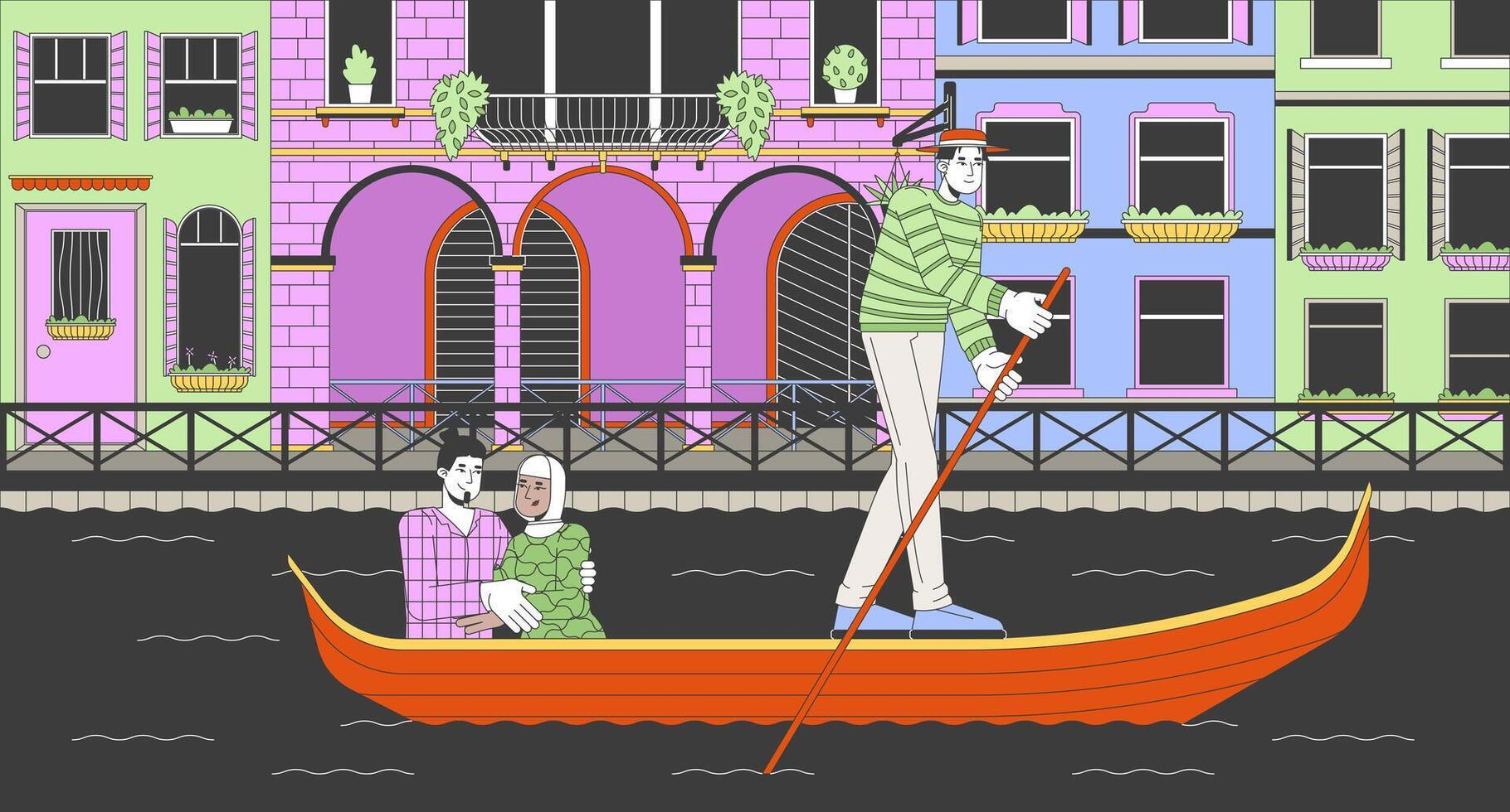 Gondola ride in Grand canal Venice cartoon flat illustration. Gondolier tourists mixed couple 2D line characters colorful background. Water transport in Italy scene storytelling image vector