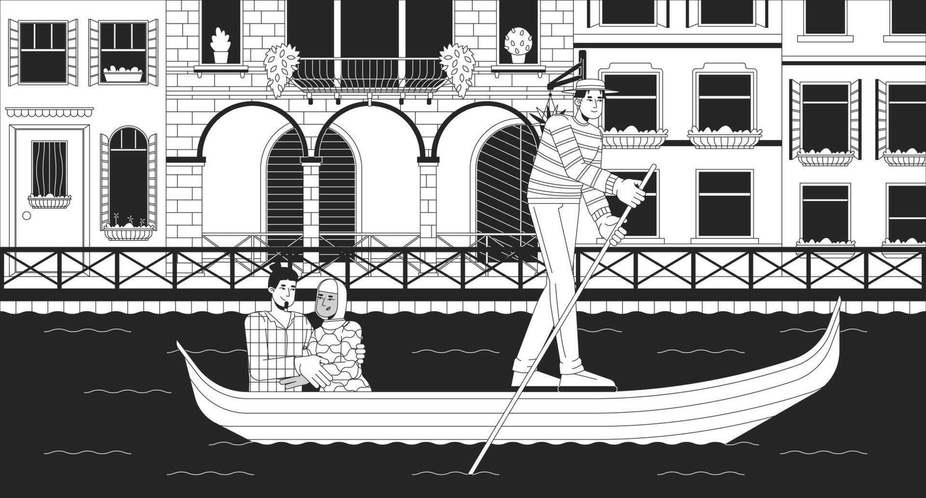 Gondola ride in Grand canal Venice black and white line illustration. Gondolier tourists mixed couple 2D characters monochrome background. Water transport in Italy outline scene image vector