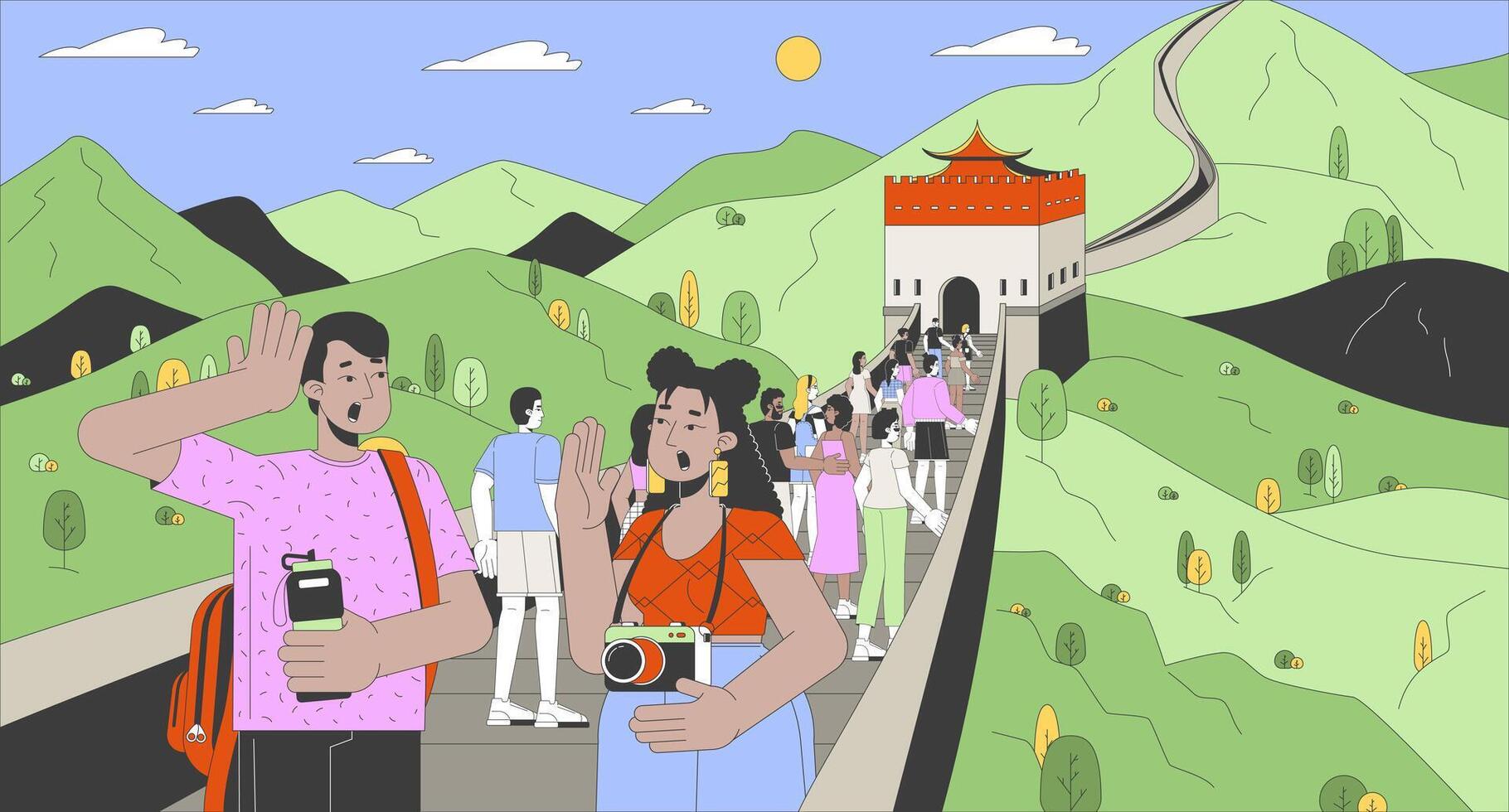 Tourists at Great Wall of China cartoon flat illustration. Multinational crowd on sightseeing tour 2D line characters colorful background. Visit famous attraction scene storytelling image vector