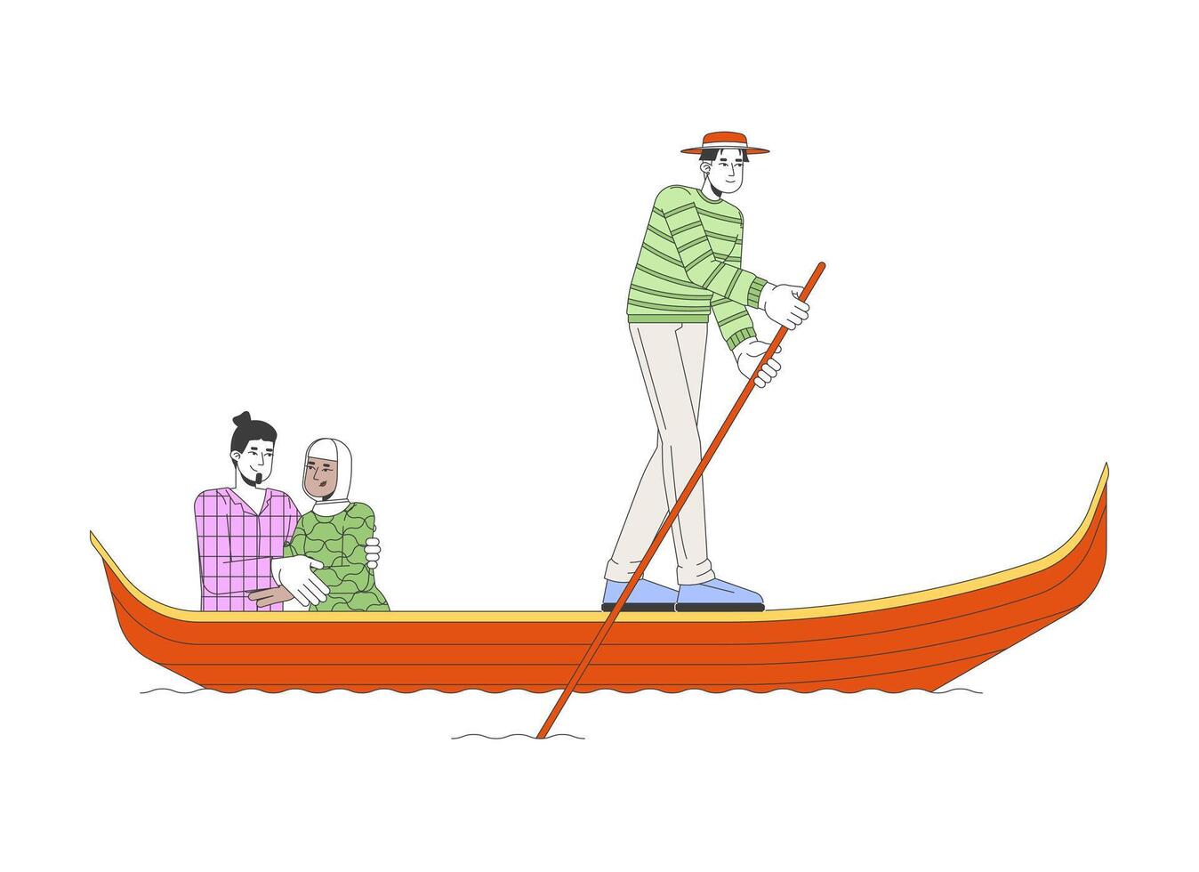 Venice gondolier rowing gondola with mixed race couple 2D linear cartoon characters. Italy travellers isolated line people white background. Honeymoon tourists color flat spot illustration vector