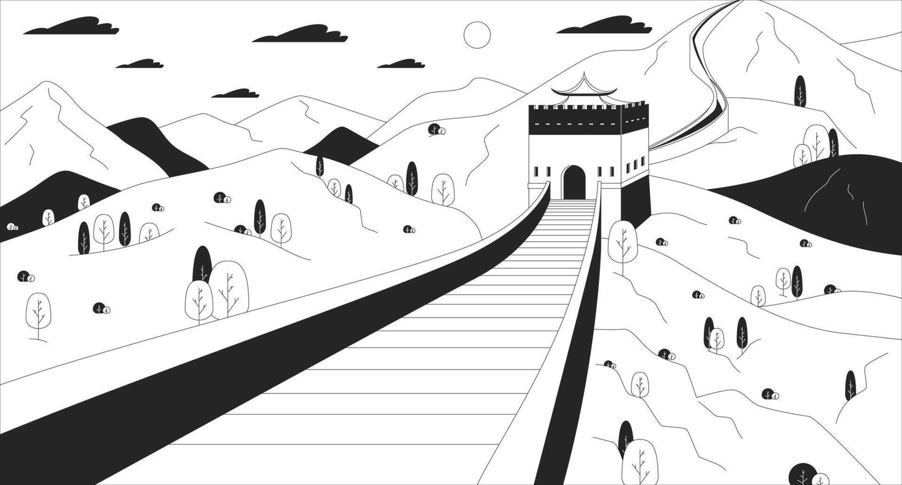 Beijing Great Wall of China black and white line illustration. Chinese picturesque landscape 2D landmark monochrome background. Stone fortification with watchtower outline scene image vector