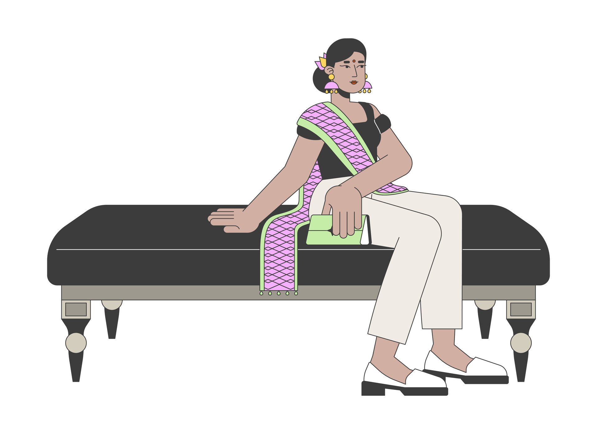 Hindu woman taking rest on museum seating 2D linear cartoon character