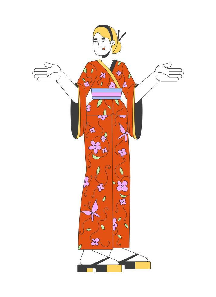 Blonde female tourist renting kimono in Japan 2D linear cartoon character. Caucasian woman foreigner in yukata isolated line person white background. Traveler lady color flat spot illustration vector