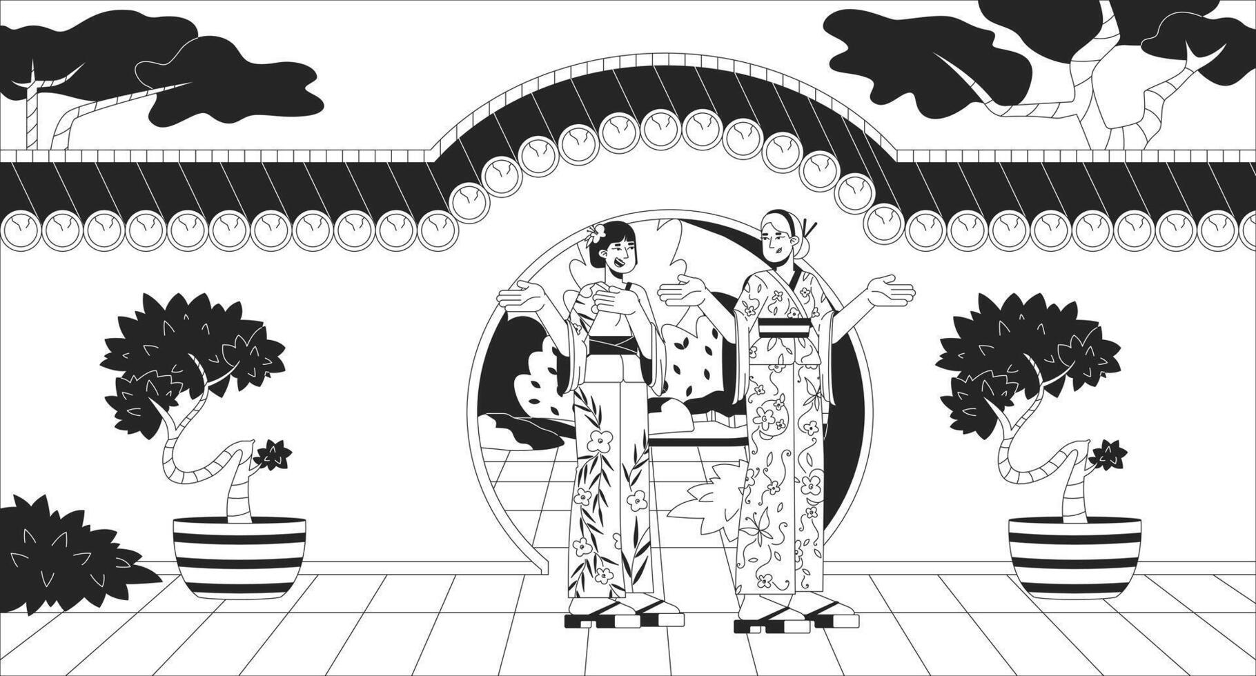 Japan female tourists in front of moon gate arch black and white line illustration. Foreigner kimono women 2D characters monochrome background. Traditional landmark outline scene image vector