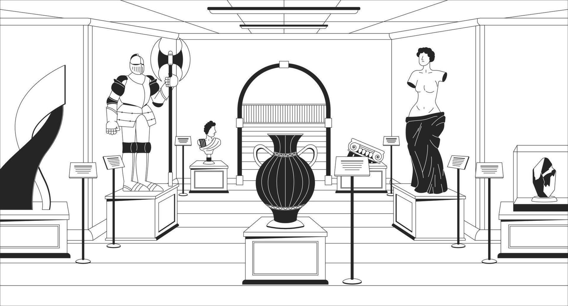 Historical museum black and white line illustration. Ancient statues, knight armor, amphora 2D interior monochrome background. Tourist attraction. Historic artifacts outline scene image vector
