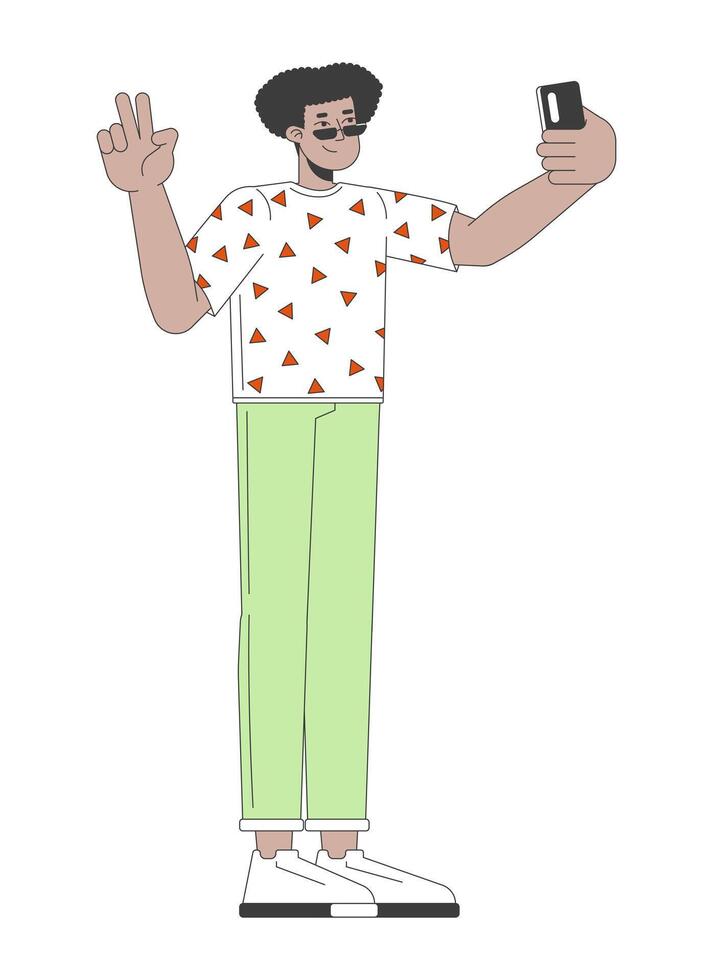 Hispanic young man posing for selfie 2D linear cartoon character. Gen z latin american guy taking selfie on phone isolated line person white background. Lifestyle color flat spot illustration vector