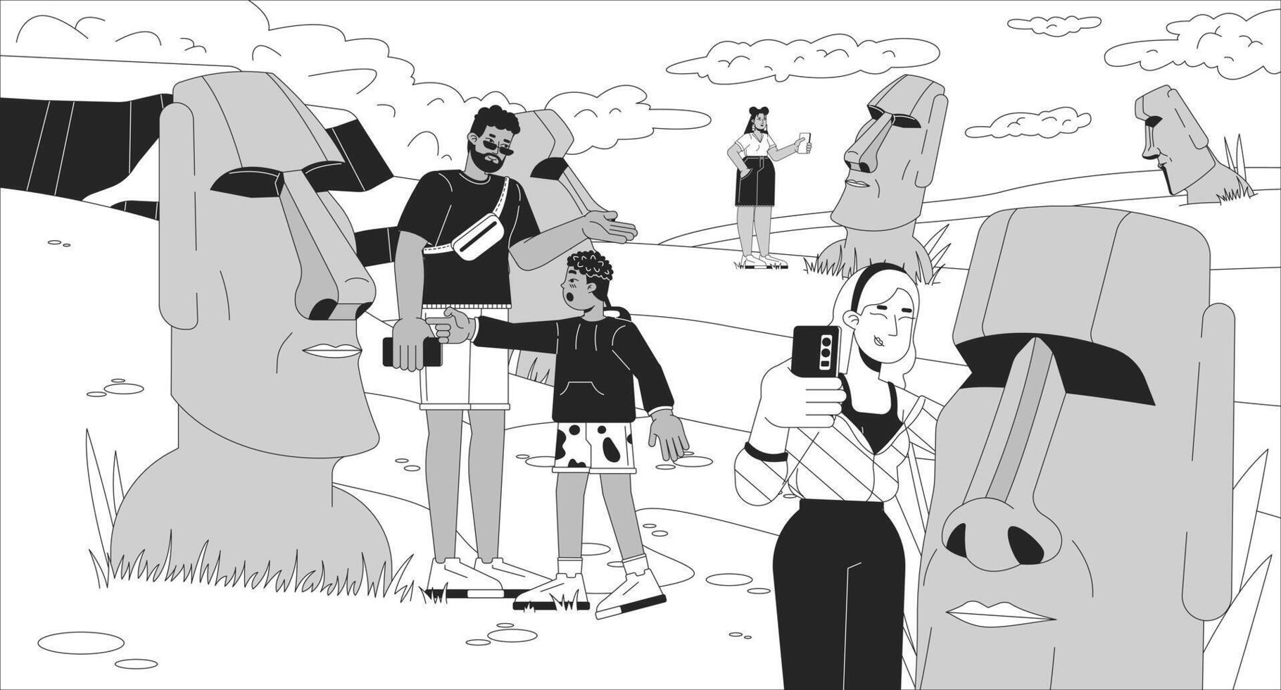 Tourists visit Easter island black and white line illustration. Diverse travelers taking s of Moai statues 2D characters monochrome background. Rapa nui national park outline scene image vector