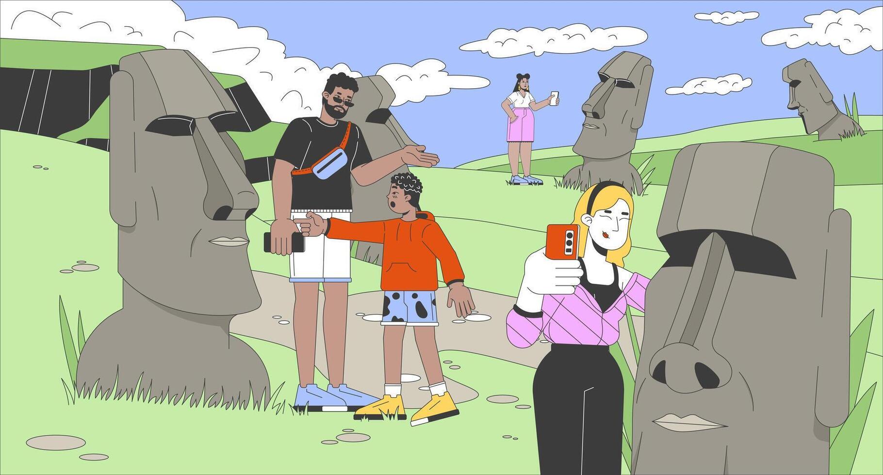 Tourists visit Easter island cartoon flat illustration. Diverse travelers taking s of Moai statues 2D line characters colorful background. Rapa nui national park scene storytelling image vector