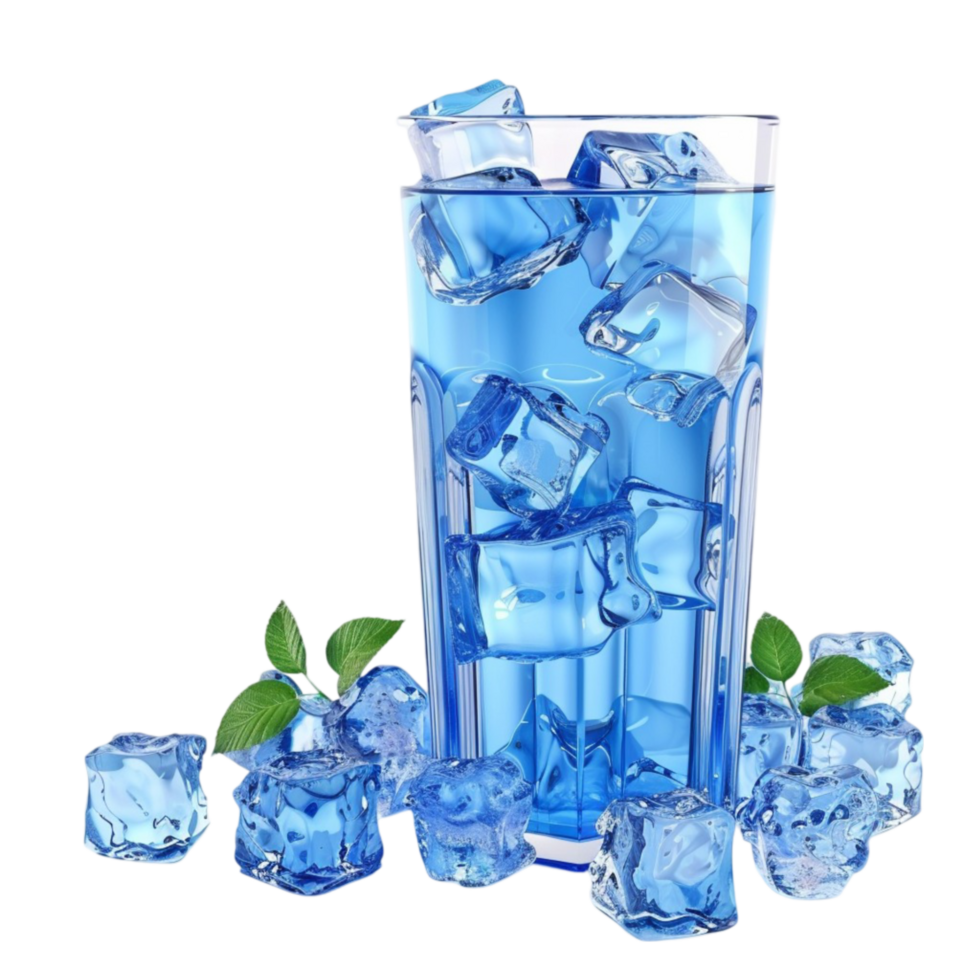 Blue ice cubes in a glass with ice cubes on transparent background. png