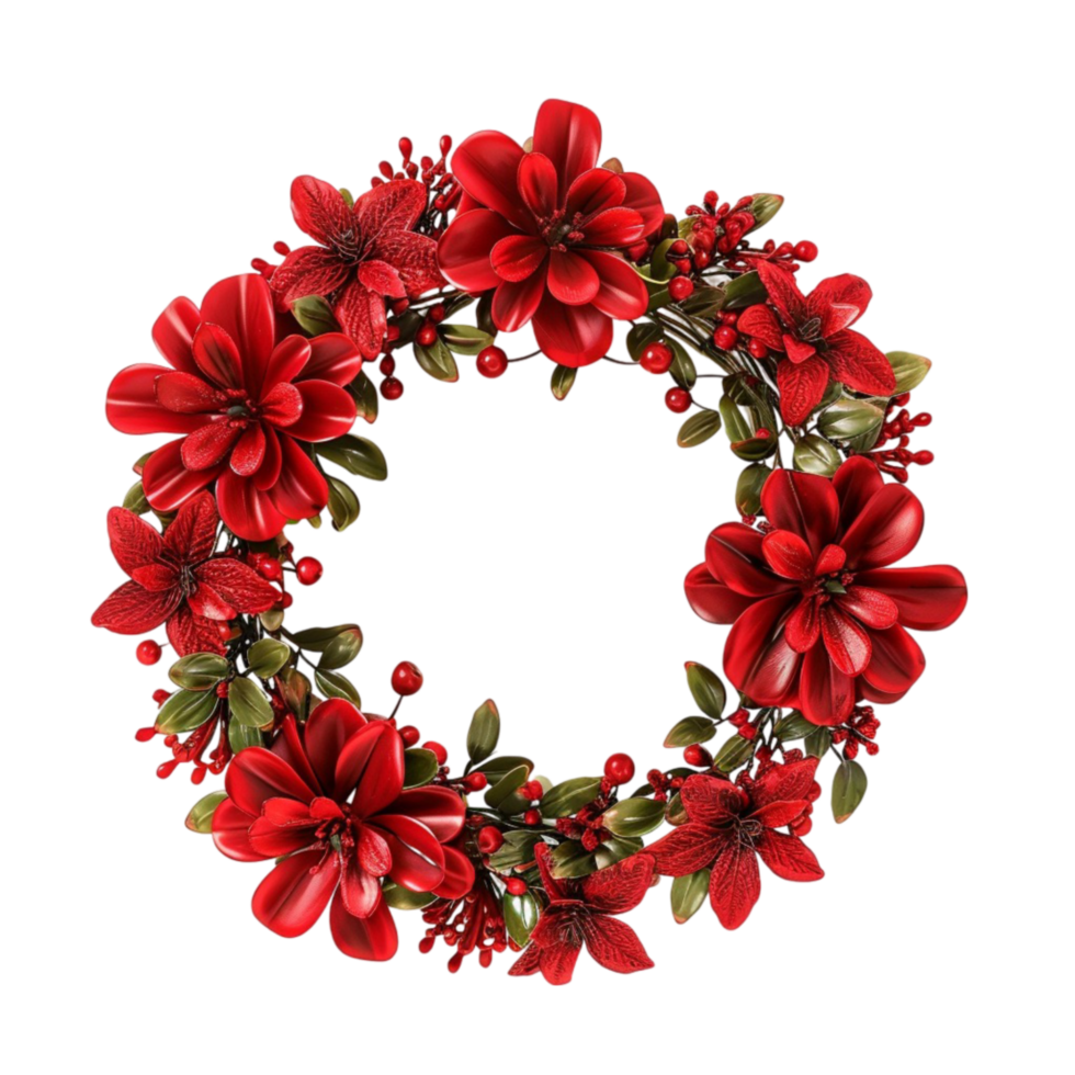 Christmas wreath with red flowers on transparent background. png