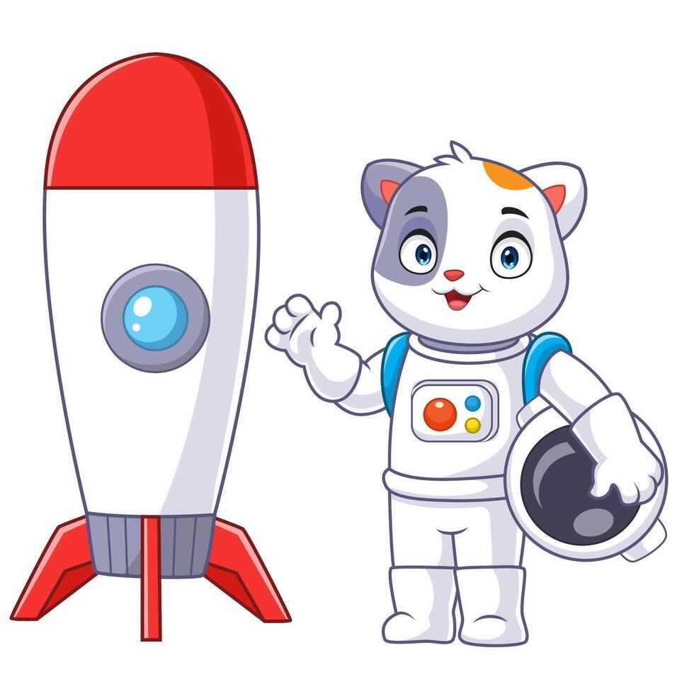 Cute cartoon cat wearing an astronaut suit posing with a spaceship vector