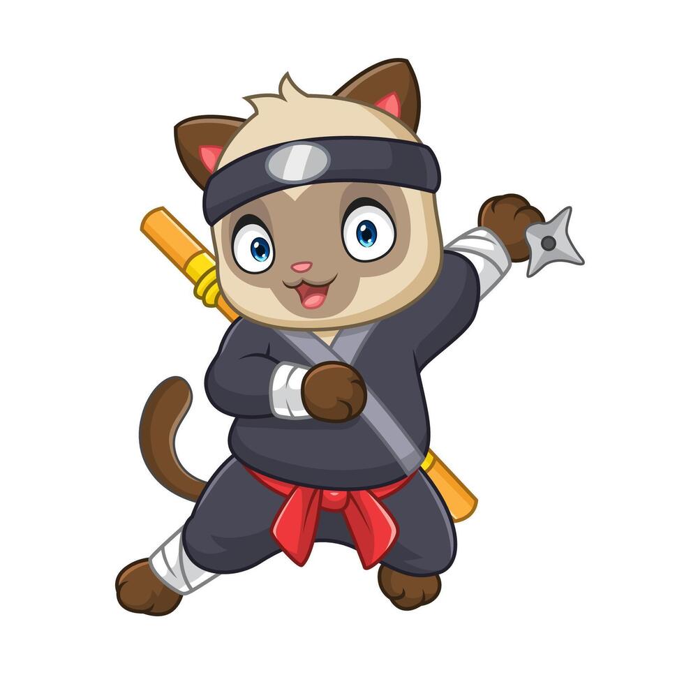 Cute siamese cat ninja cartoon on white background vector