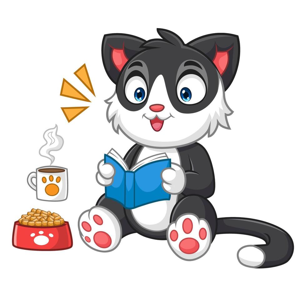 Cute Cat Reading Book With Coffee and food vector