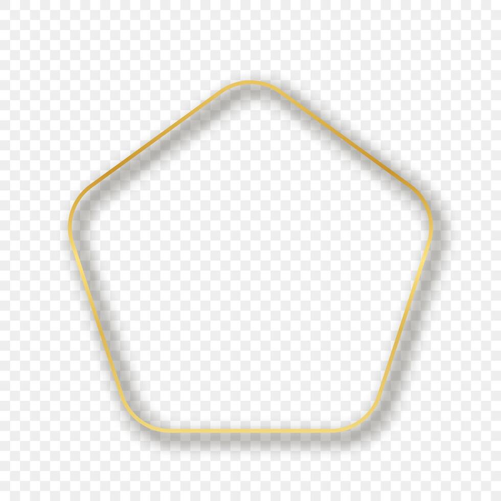 Gold glowing rounded pentagon shape frame with shadow isolated on background. Shiny frame with glowing effects. illustration. vector