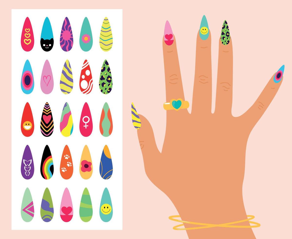 Nail design art set. Bright colorful manicure design. Woman hand with colored nails. illustration vector