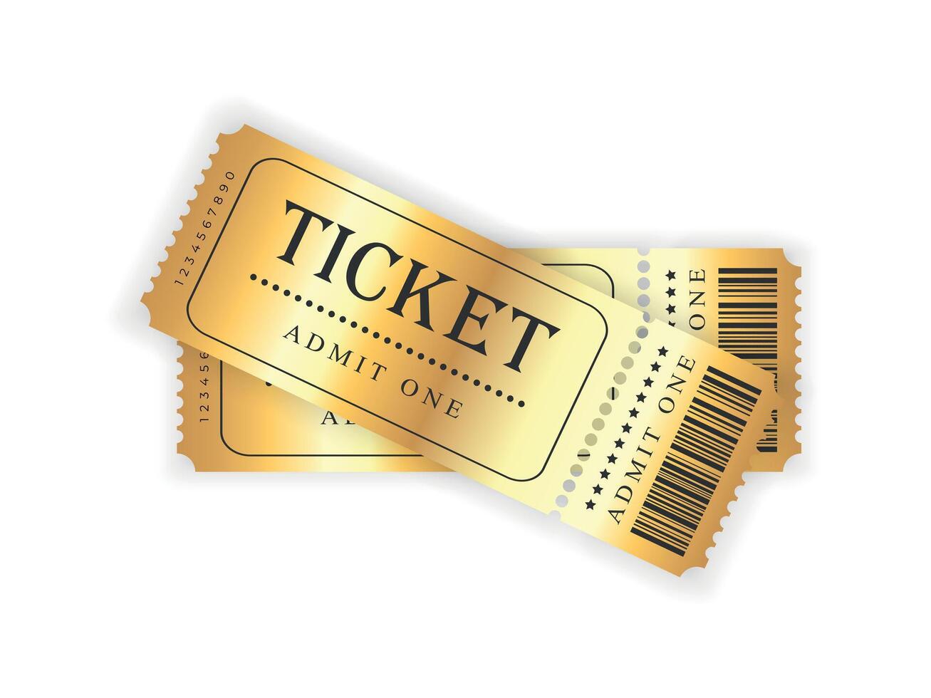 Abstract golden tickets template on white background. Festival, cinema, theater, concert, casino, circus, event Golden tickets with barcode, front view. illustration vector
