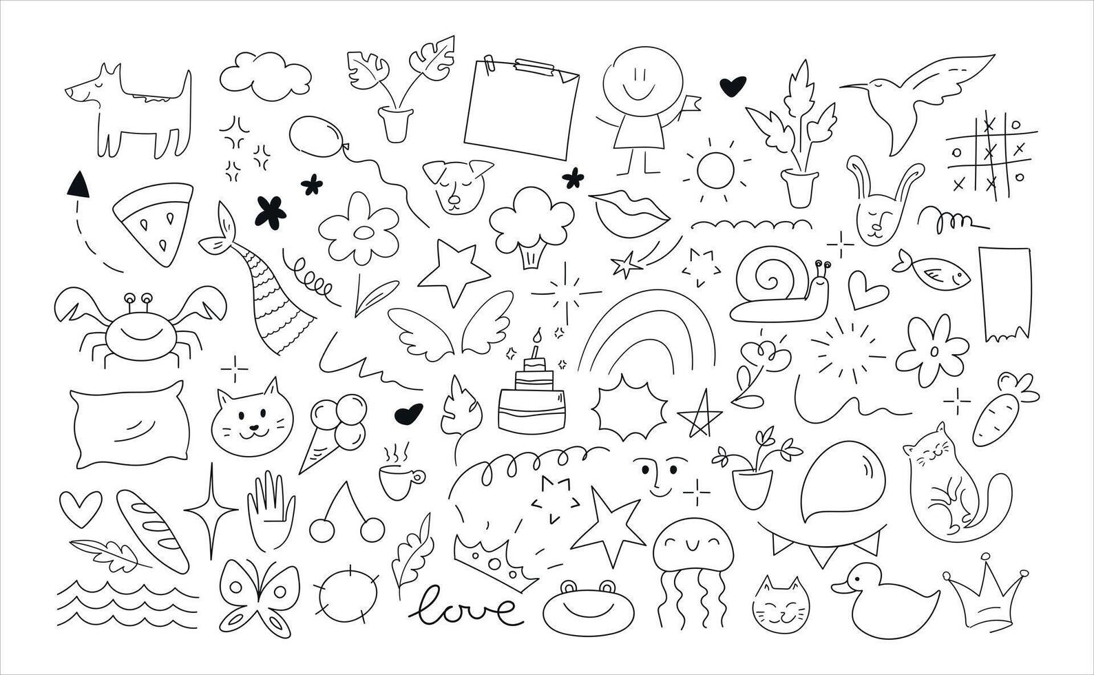 Childish doodle outline elements collection. Hand drawn animals, plants and objects in scribble style. illustration vector
