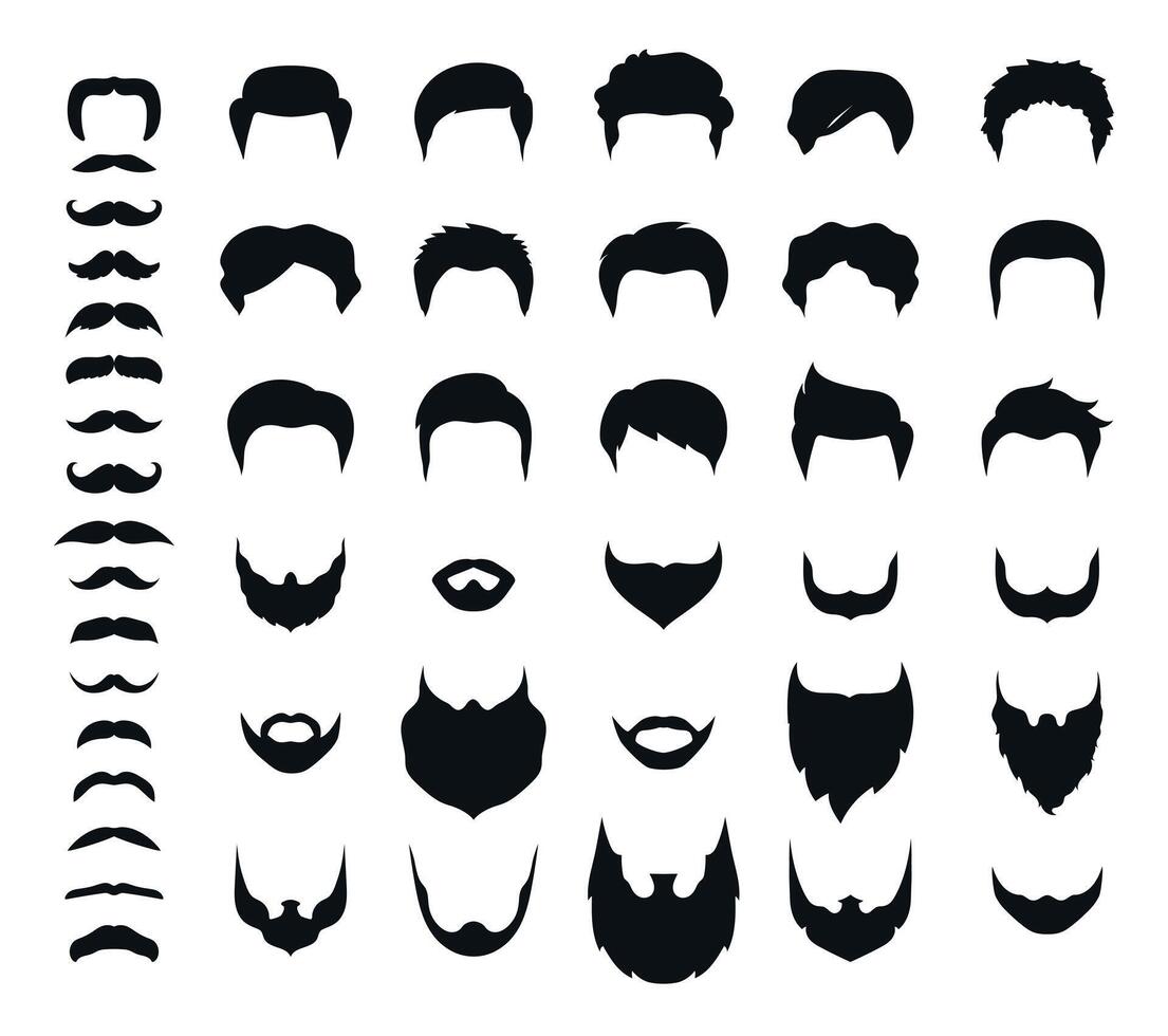 Mens haircuts, beards and mustaches set. Hairdressing constructor. Different shaped beards, mustache and hairstyles collection. Bearded men silhouettes vector