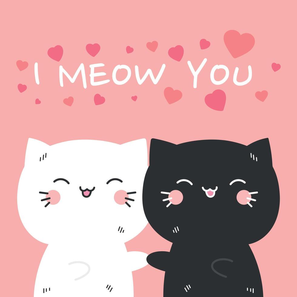 Cute hand drawn white and black cats holding each other paws with phrase I meow you. Valentines Day. illustration vector