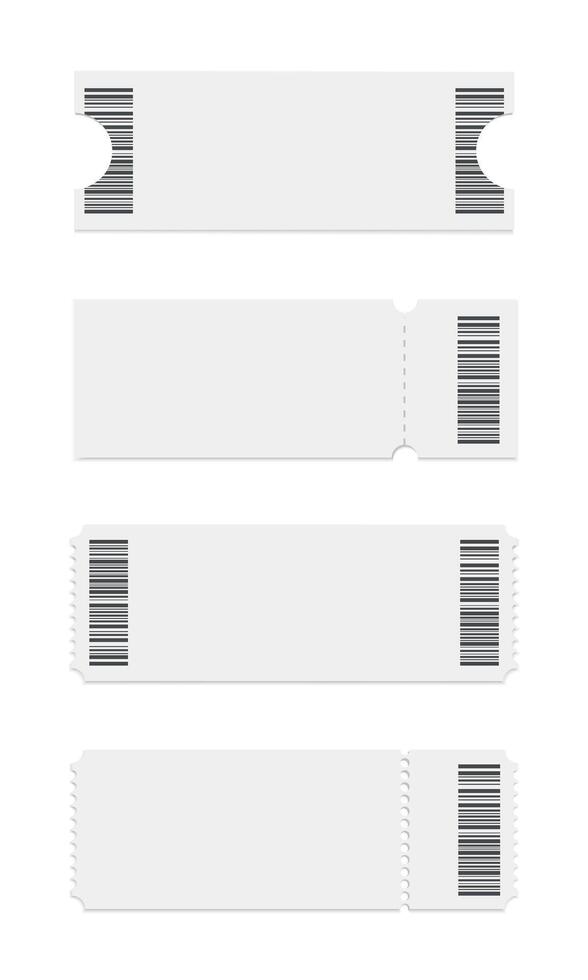 Abstract blank ticket stubs template on white background. Ticket mockup in different shapes with barcode. Realistic style. illustration vector