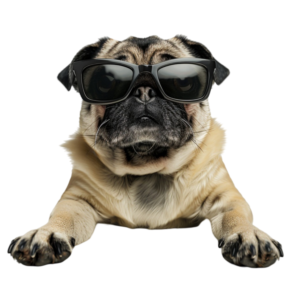 Pug dog wearing sunglasses on transparent background. png