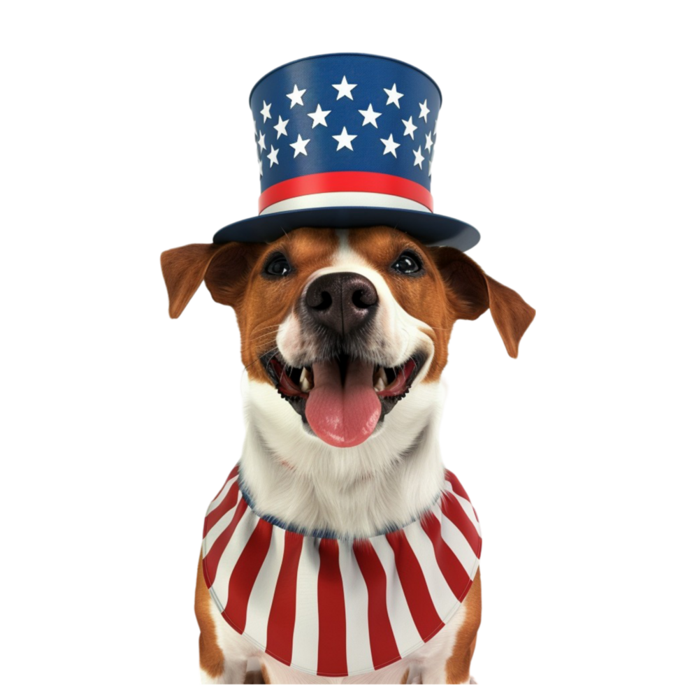 A dog wearing a patriotic hat on a transparent background. png