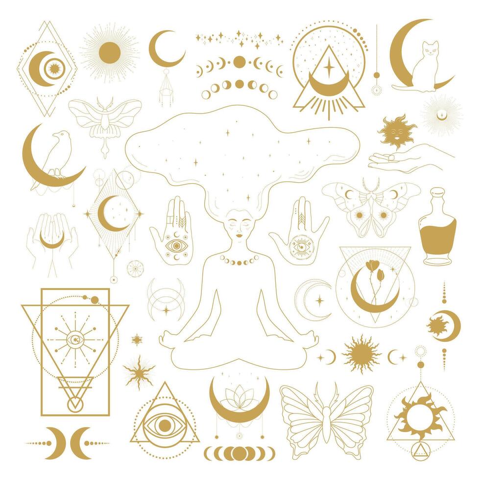 Set of celestial mystical and astrological symbols. Magical animals, sun, crescent, magic eye and space elements. illustration vector