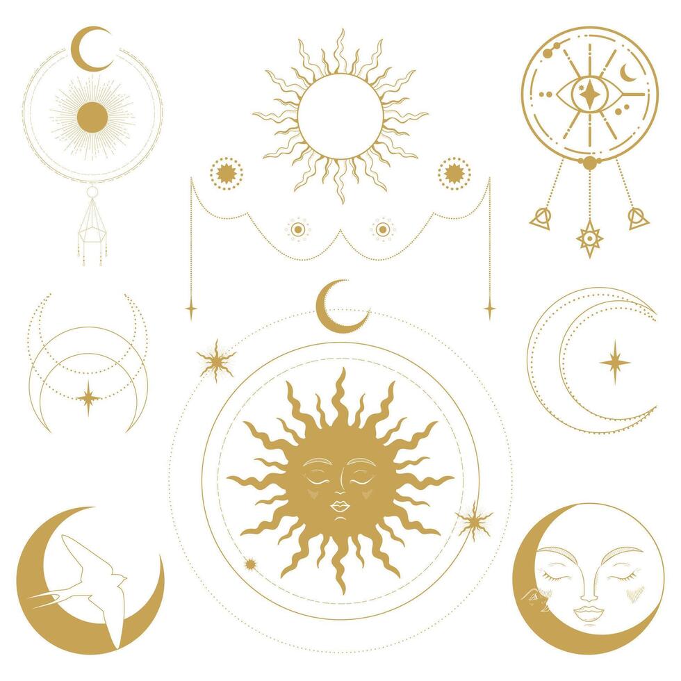 Celestial emblems with sun, crescent, bird and all seeing magical eye. illustration vector