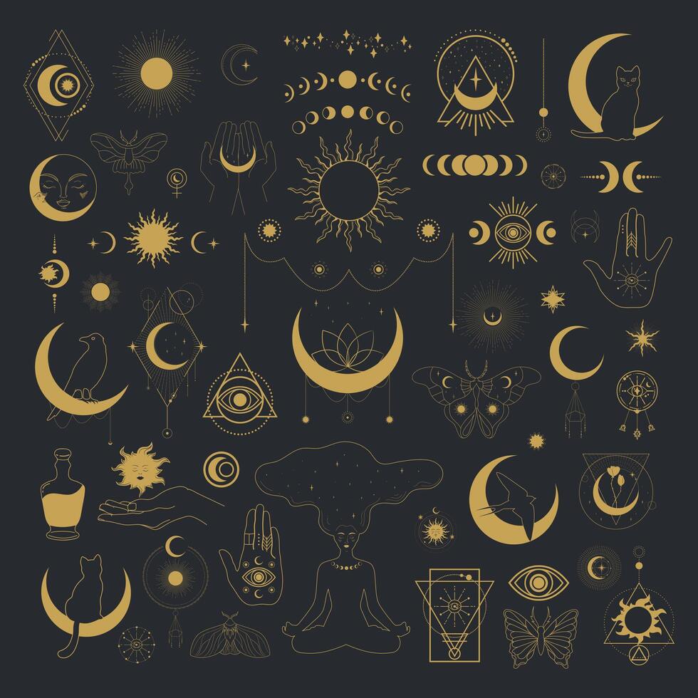Big set of celestial magical and astrological symbols. Mystical emblems, magical animals, space elements. illustration vector