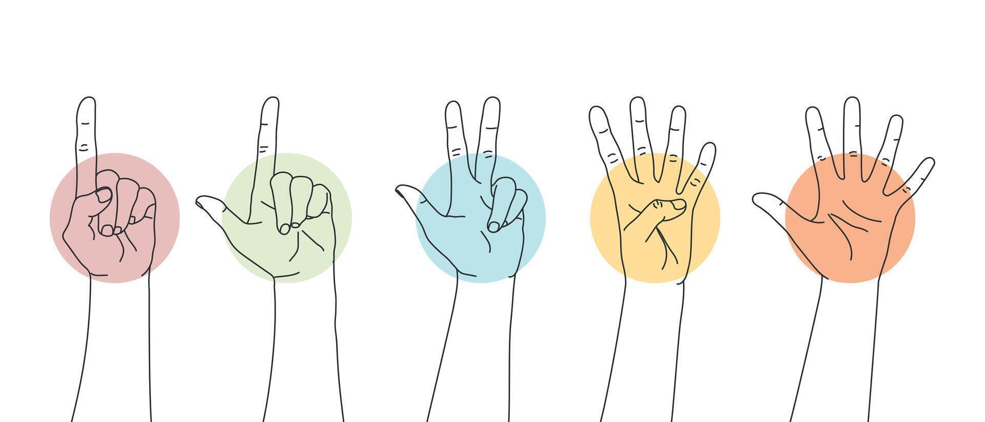 Set of outline hands counting numbers from one to five. Hand gestures. illustration vector
