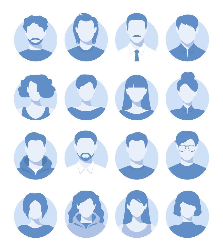 Abstract female and male faceless portraits, avatars or anonymous profiles. Set of woman and man abstract face icons in blue colors. illustration vector