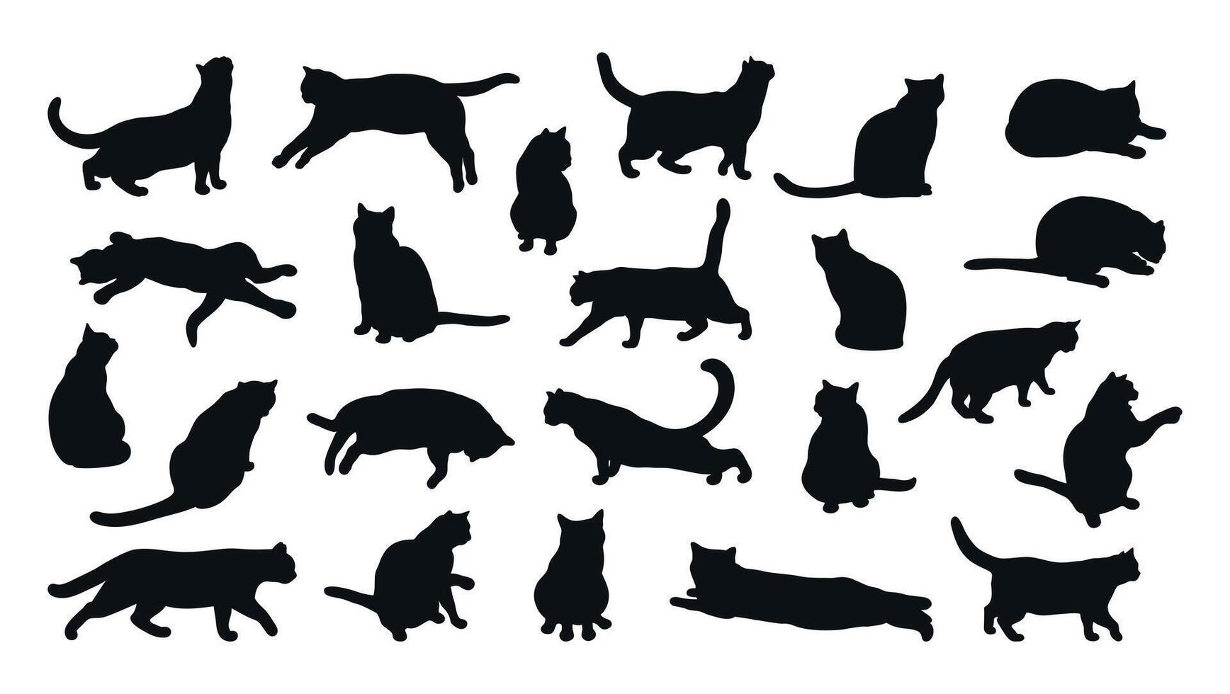 Collection of cat silhouettes isolated on white background. Different cat poses. Cat is lying, sitting, playing, walking, standing, stretching. illustration vector