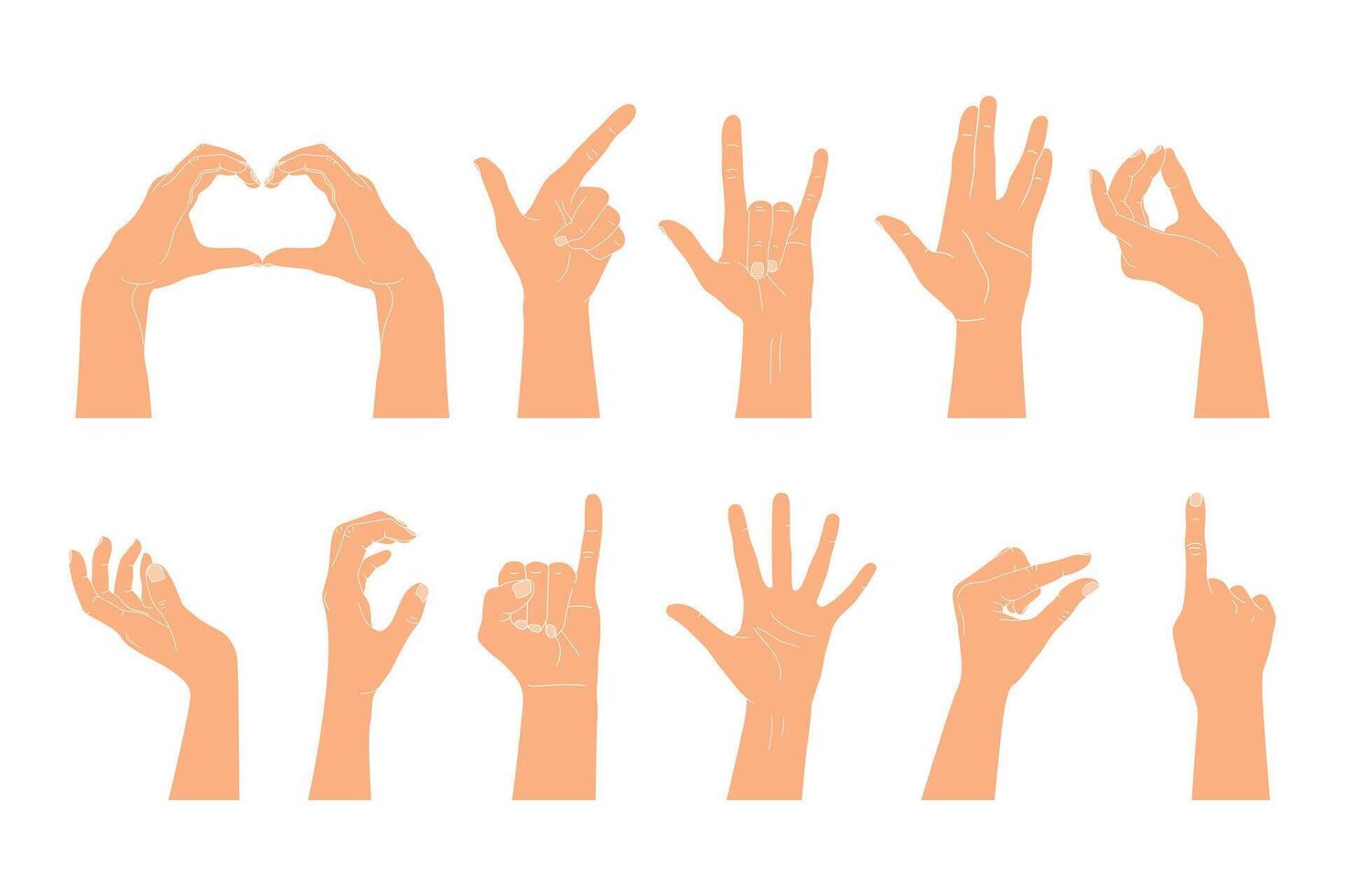 Set of raised human hands showing different gestures. illustration of human hands vector