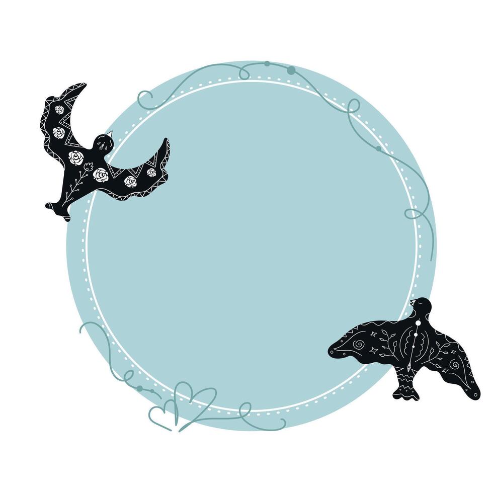 Circle template decorated with black hand drawn dove silhouettes drawing in boho style. Circle with blank space decorated black birds with white ornament and floral arrangement. illustration vector