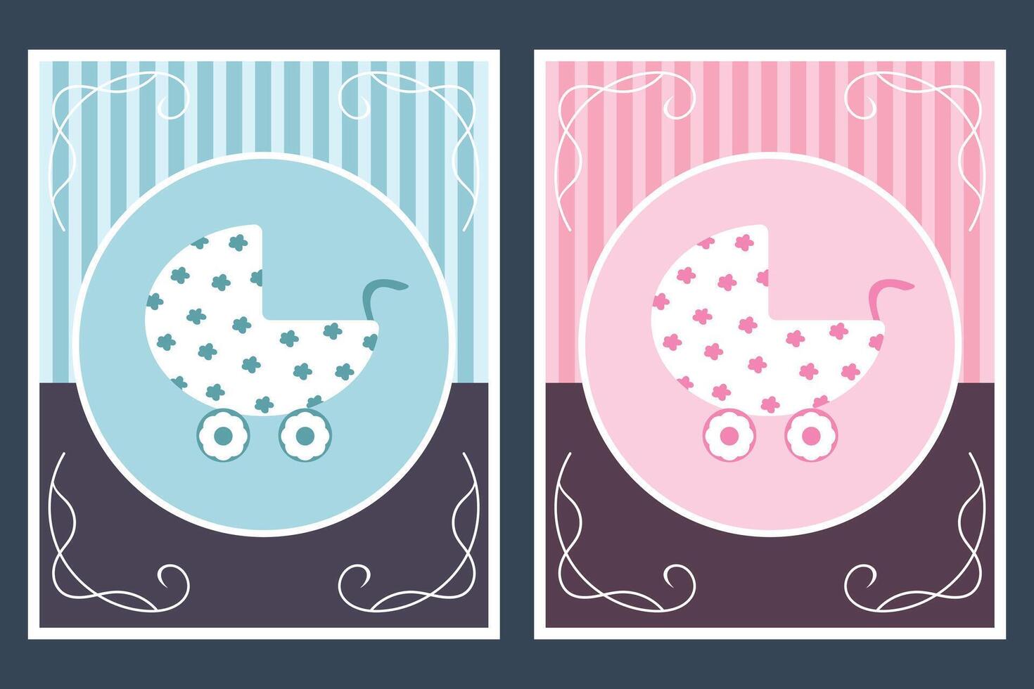 Template cards with baby carriage for boy and girl. For baby shower or greeting card. illustration vector