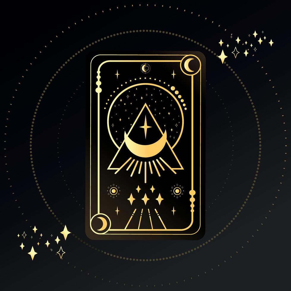 Gold Tarot card with a shining crescent in triangle decorated with geometric shapes. Tarot symbolism. Mystery, astrology, esoteric. illustration vector